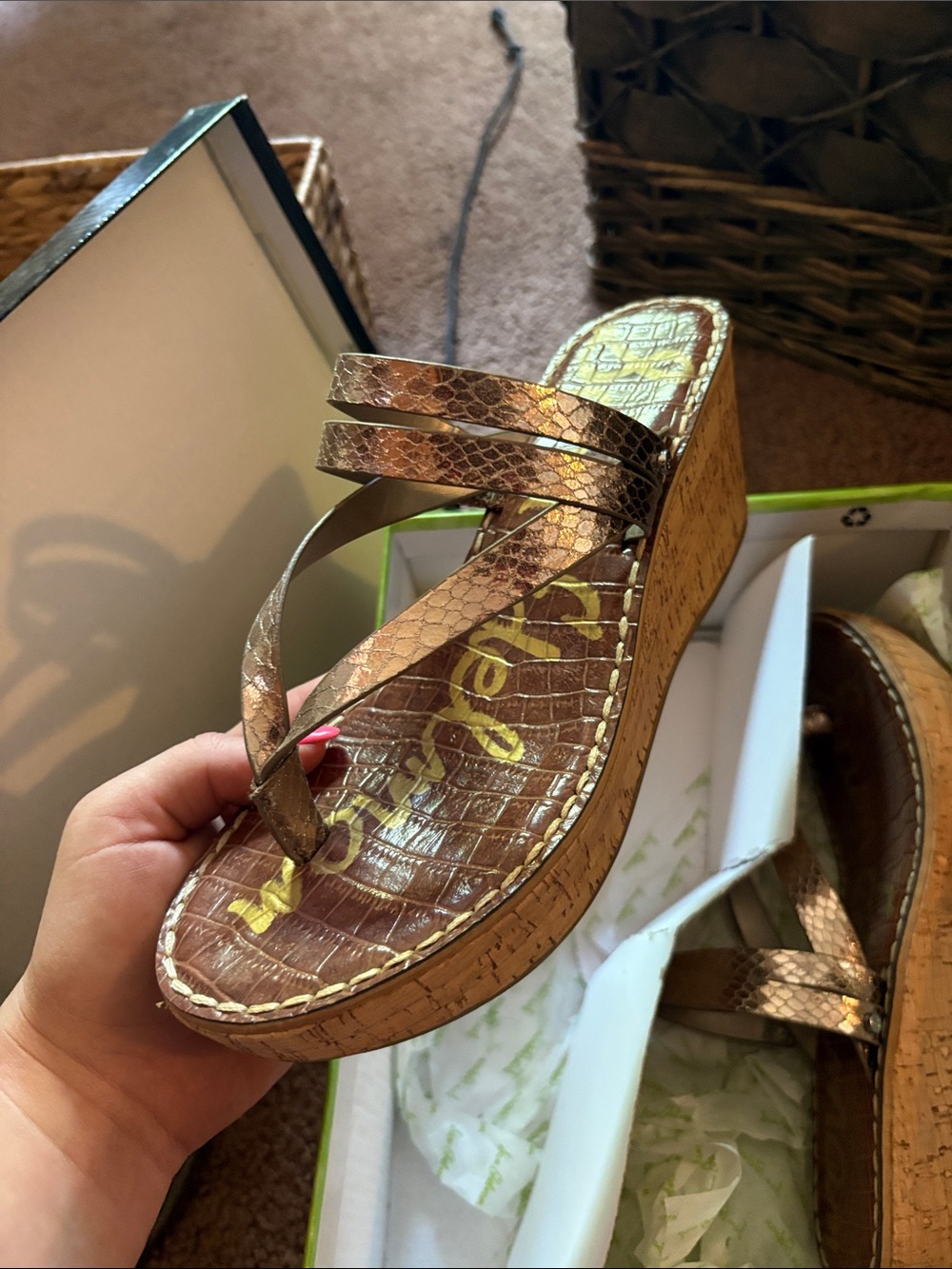 Sam Edelman Metallic Bronze Faux-Snakeskin Cork Wedge Sandal